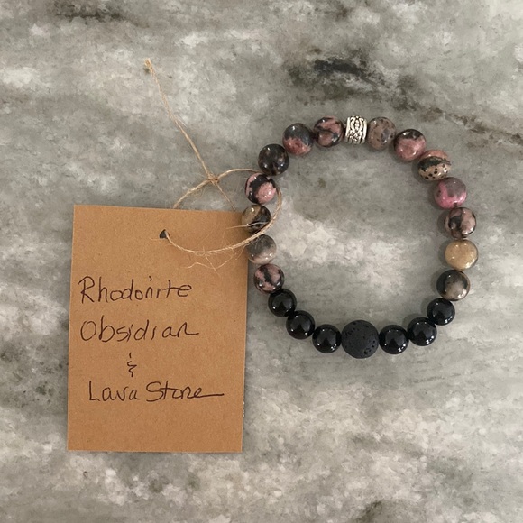 NWOT Rhodonite Obsidian & LAVA Stone Handmade 7” Stretch Bracelet 8 MM Beads - Picture 4 of 4
